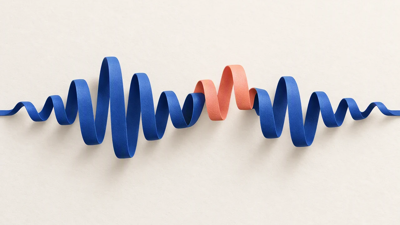A cobalt sound ribbon with one coral segment represents directed speech and a local audio edit.