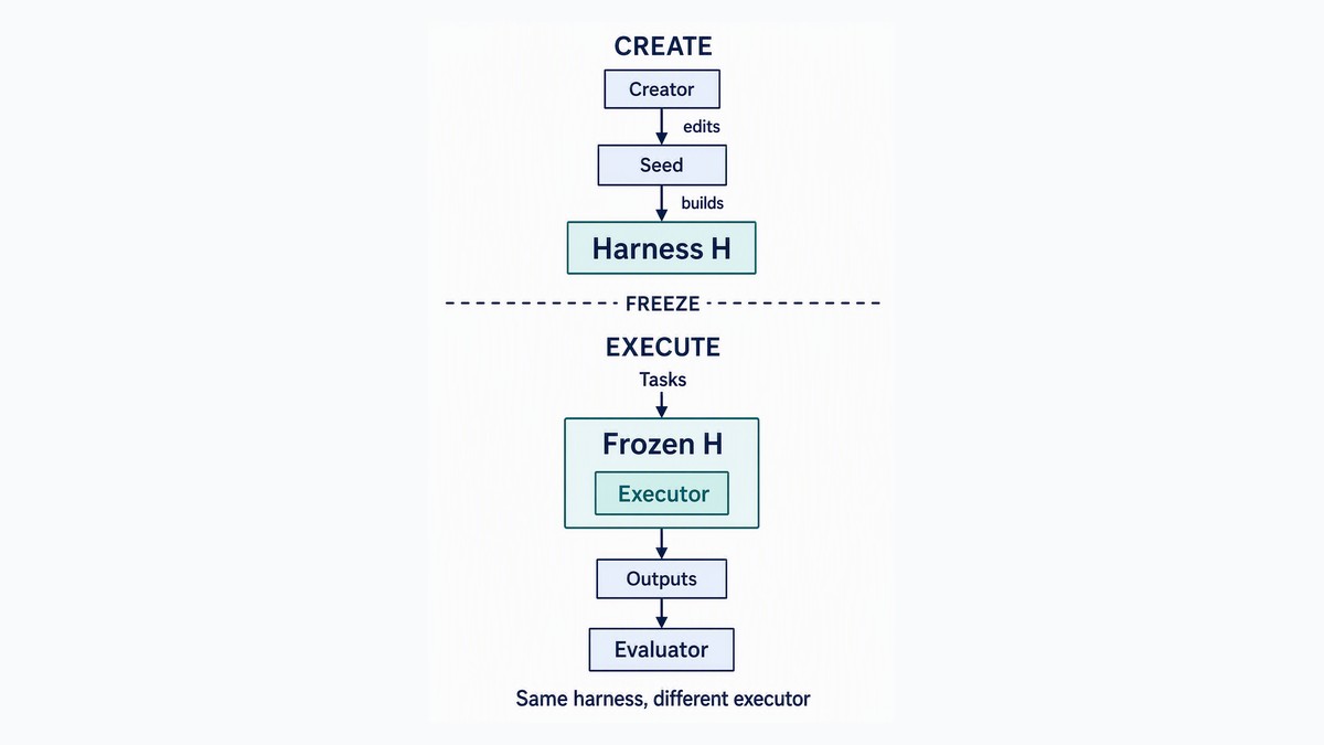 Creator develops a harness above a freeze boundary; a separate executor runs inside the frozen harness