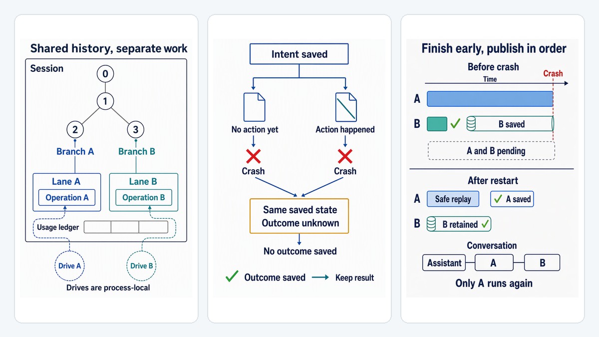 Pi Agent Harness crash recovery across saved session state, effect boundaries, and parallel tool results