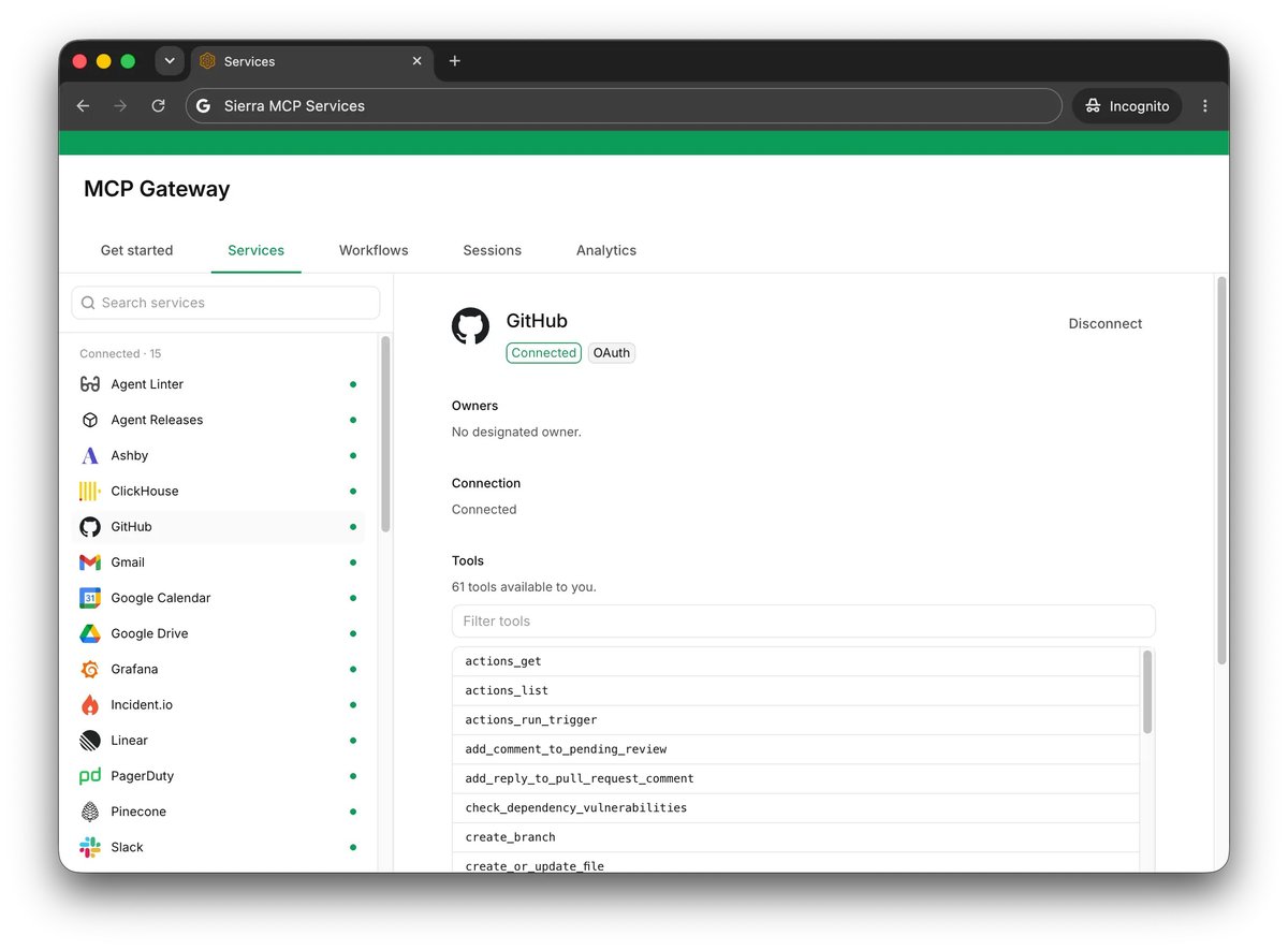 Sierra MCP Gateway connecting agents to 45 internal services