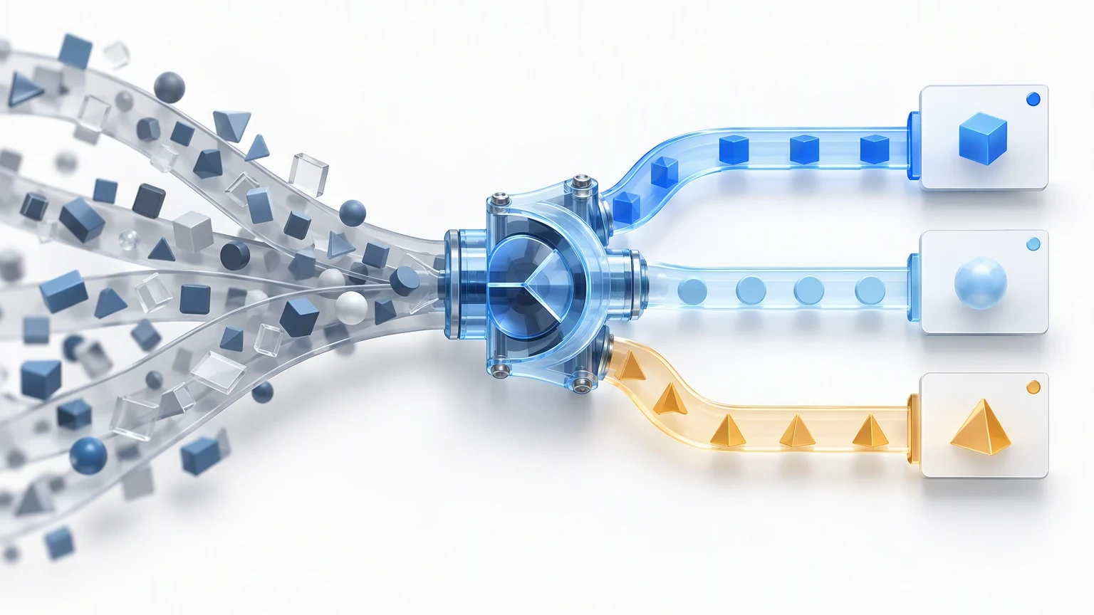 An abstract routing device sends incoming information into three predefined paths