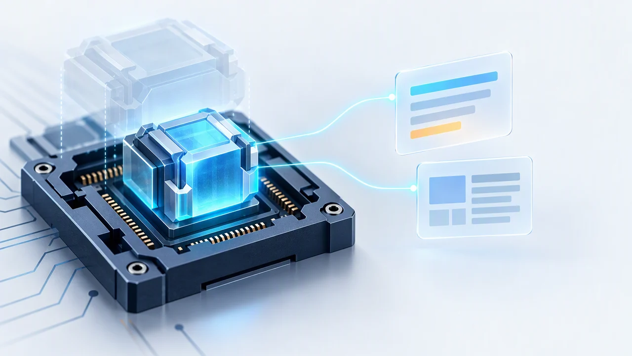 Illustration of a glowing new core module seated in an unchanged hardware socket, with a faint outline of the previous module behind it and two thin lines reaching to floating cards, representing a new model behind the same name and new web tools
