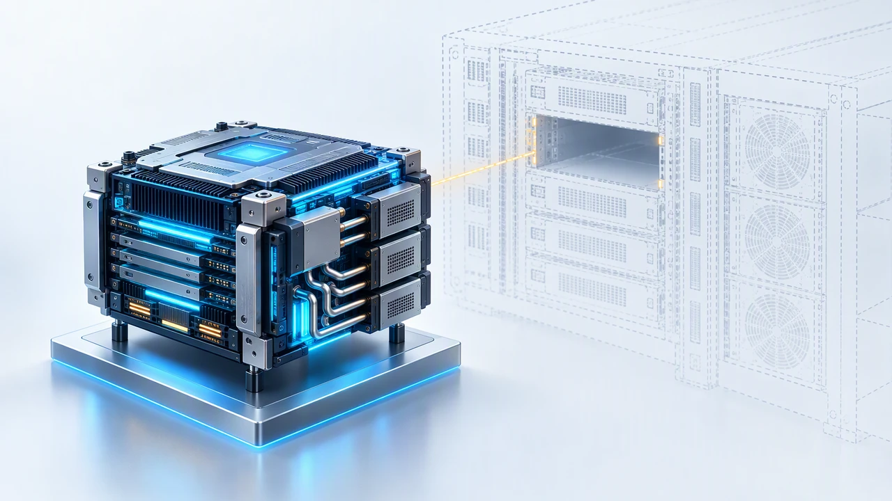Illustration of a glowing layered engine core resting on a pedestal in front of a faint wireframe server rack with an empty slot, representing a production inference engine released on its own